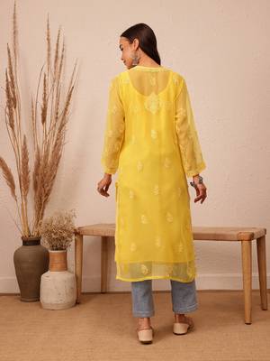 Hand Embroidered Yellow Faux Georgette Lucknowi Chikankari Women Kurta With Slip 3