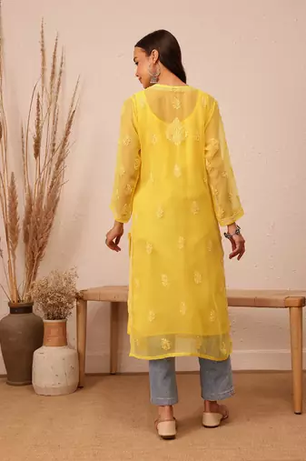 Hand Embroidered Yellow Faux Georgette Lucknowi Chikankari Women Kurta With Slip