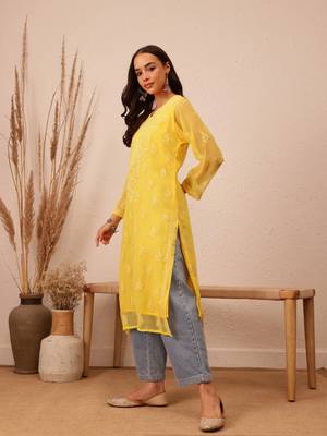 Hand Embroidered Yellow Faux Georgette Lucknowi Chikankari Women Kurta With Slip 4