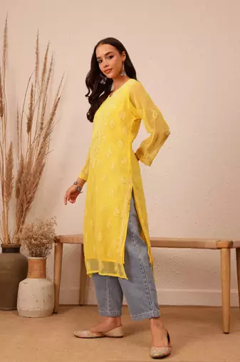 Hand Embroidered Yellow Faux Georgette Lucknowi Chikankari Women Kurta With Slip