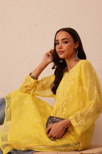Hand Embroidered Yellow Faux Georgette Lucknowi Chikankari Women Kurta With Slip