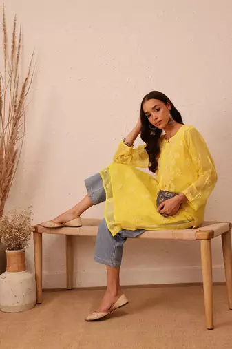 Hand Embroidered Yellow Faux Georgette Lucknowi Chikankari Women Kurta With Slip