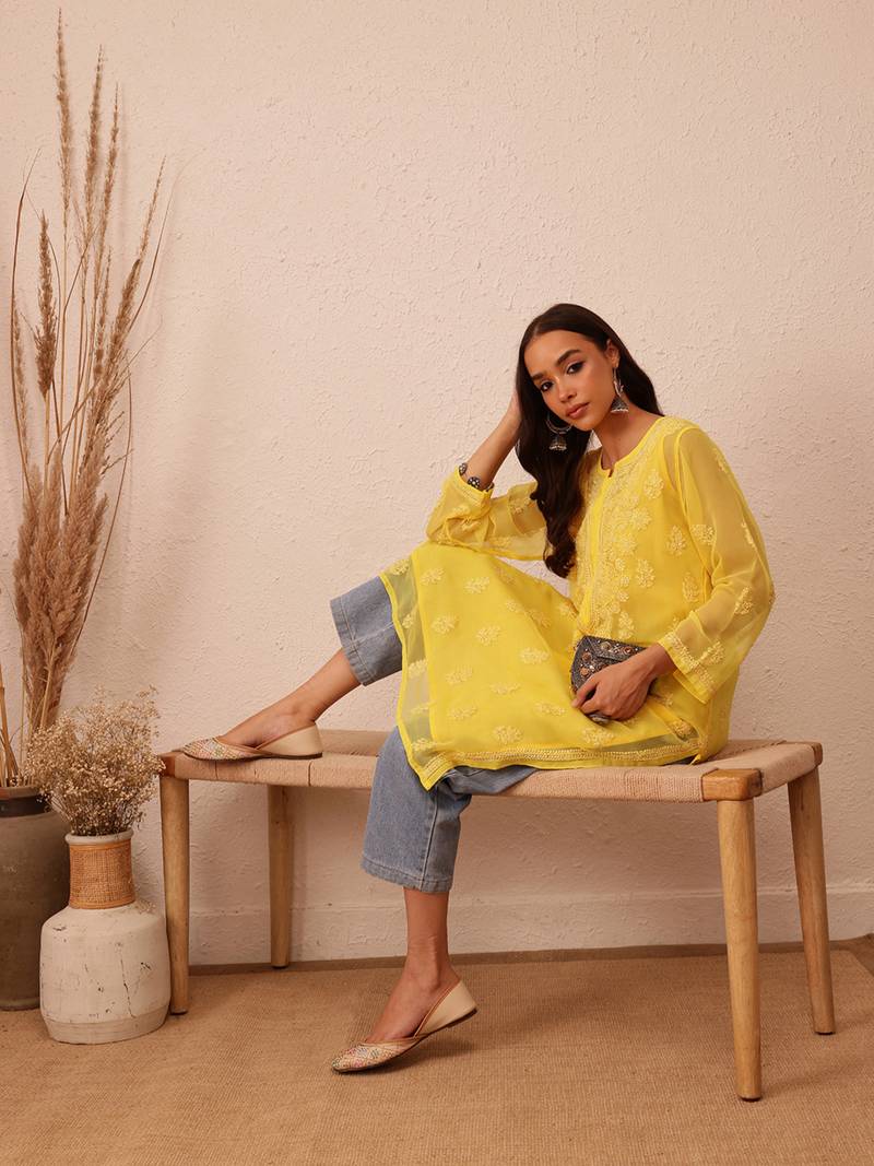 Hand Embroidered Yellow Faux Georgette Lucknowi Chikankari Women Kurta With Slip
