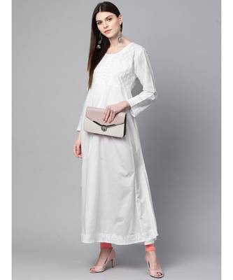 Ada Hand Embroidered White Cotton A-line Lucknowi Chikan Women Kurta - A100419 1