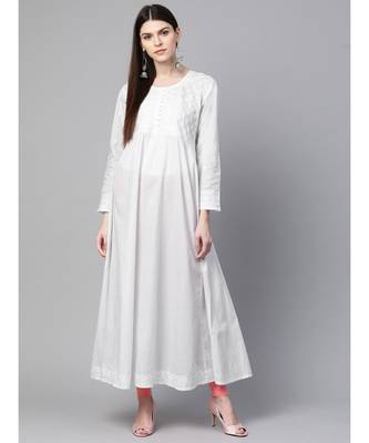 Ada Hand Embroidered White Cotton A-line Lucknowi Chikan Women Kurta - A100419 2