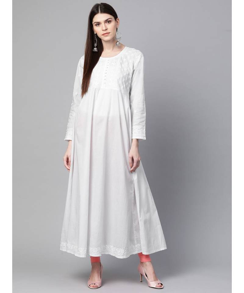 Ada Hand Embroidered White Cotton A-line Lucknowi Chikan Women Kurta - A100419