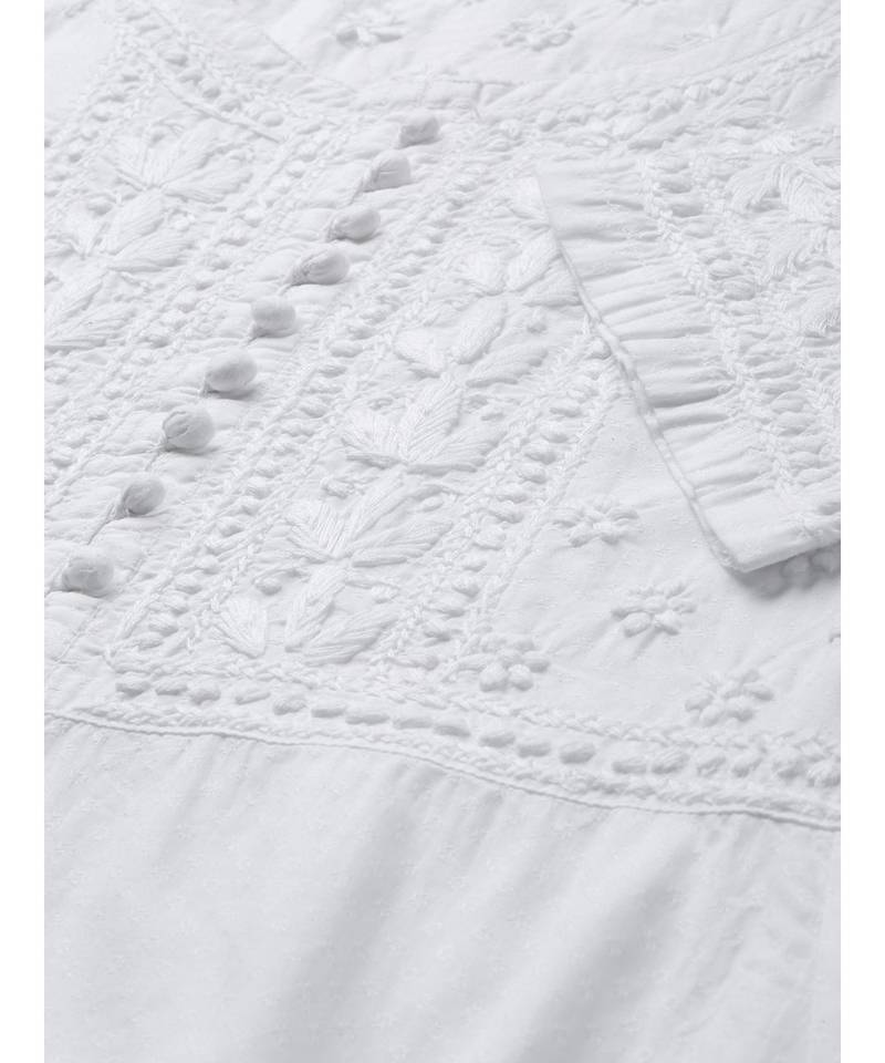 Ada Hand Embroidered White Cotton A-line Lucknowi Chikan Women Kurta - A100419