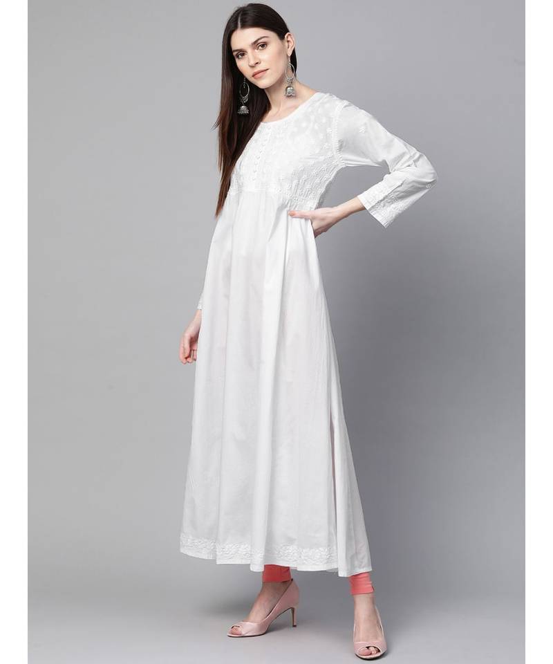 Ada Hand Embroidered White Cotton A-line Lucknowi Chikan Women Kurta - A100419