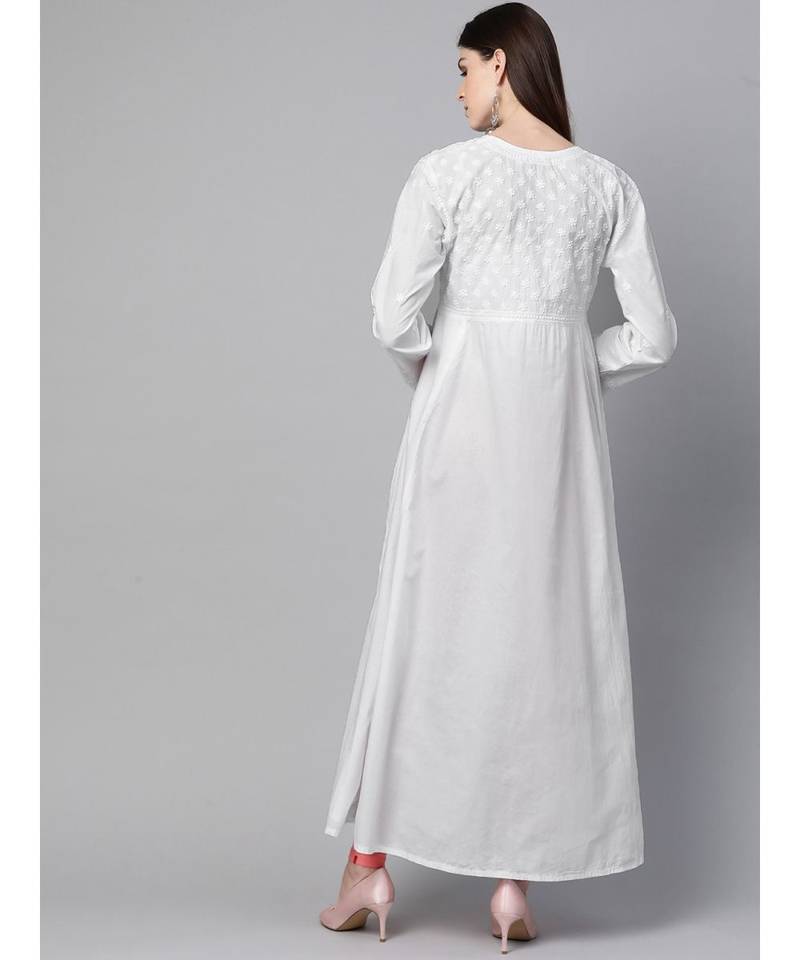 Ada Hand Embroidered White Cotton A-line Lucknowi Chikan Women Kurta - A100419