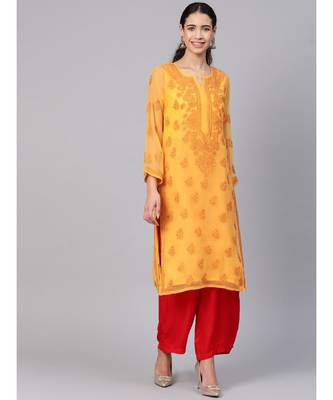 Ada Hand Embroidered Mustard Faux Georgette Lucknowi Chikankari Women Kurta With Slip - A100371 1