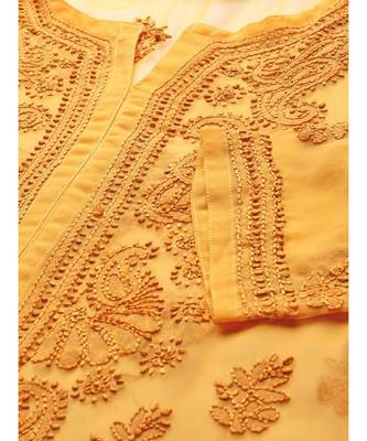 Ada Hand Embroidered Mustard Faux Georgette Lucknowi Chikankari Women Kurta With Slip - A100371 2