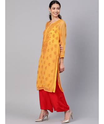 Ada Hand Embroidered Mustard Faux Georgette Lucknowi Chikankari Women Kurta With Slip - A100371 3