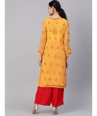 Ada Hand Embroidered Mustard Faux Georgette Lucknowi Chikankari Women Kurta With Slip - A100371 4