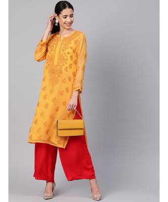 Ada Hand Embroidered Mustard Faux Georgette Lucknowi Chikankari Women Kurta With Slip - A100371 5