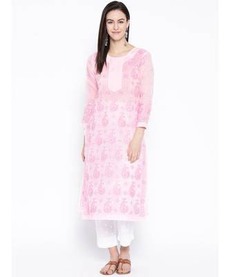 Ada Hand Embroidered Baby Pink Cotton Lucknowi Chikan Women Kurta - A258190 1