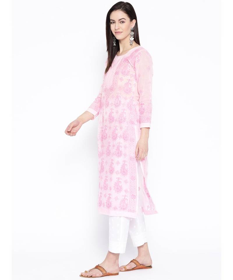 Ada Hand Embroidered Baby Pink Cotton Lucknowi Chikan Women Kurta - A258190