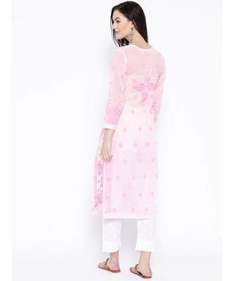 Ada Hand Embroidered Baby Pink Cotton Lucknowi Chikan Women Kurta - A258190 3