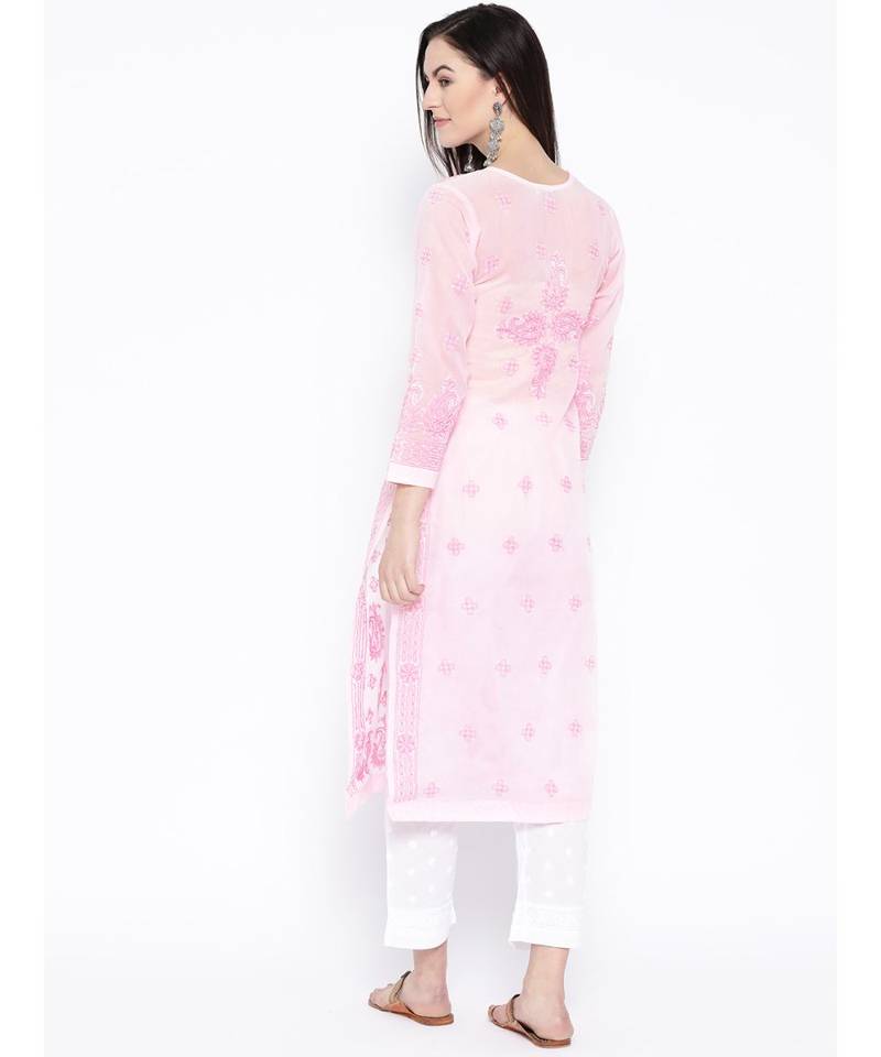 Ada Hand Embroidered Baby Pink Cotton Lucknowi Chikan Women Kurta - A258190