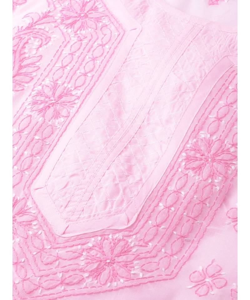 Ada Hand Embroidered Baby Pink Cotton Lucknowi Chikan Women Kurta - A258190