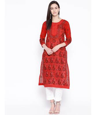 Ada Hand Embroidered Red Cotton Lucknowi Chikan Women Kurti - A327819 1