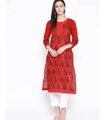 Ada Hand Embroidered Red Cotton Lucknowi Chikan Women Kurti - A327819