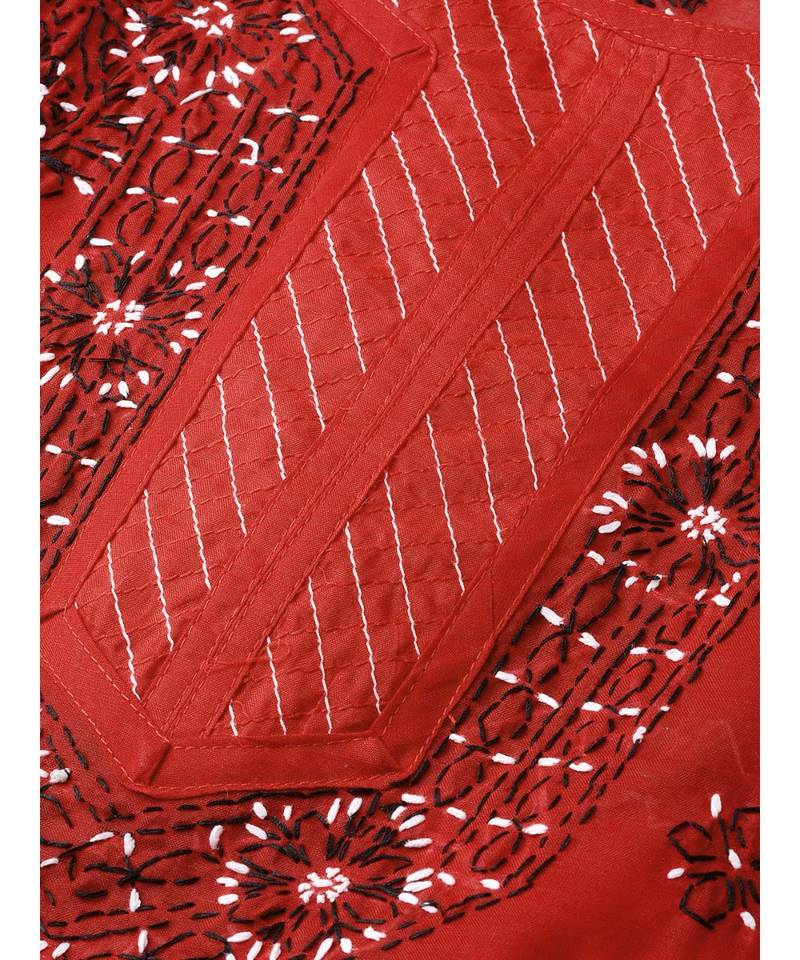 Ada Hand Embroidered Red Cotton Lucknowi Chikan Women Kurti - A327819