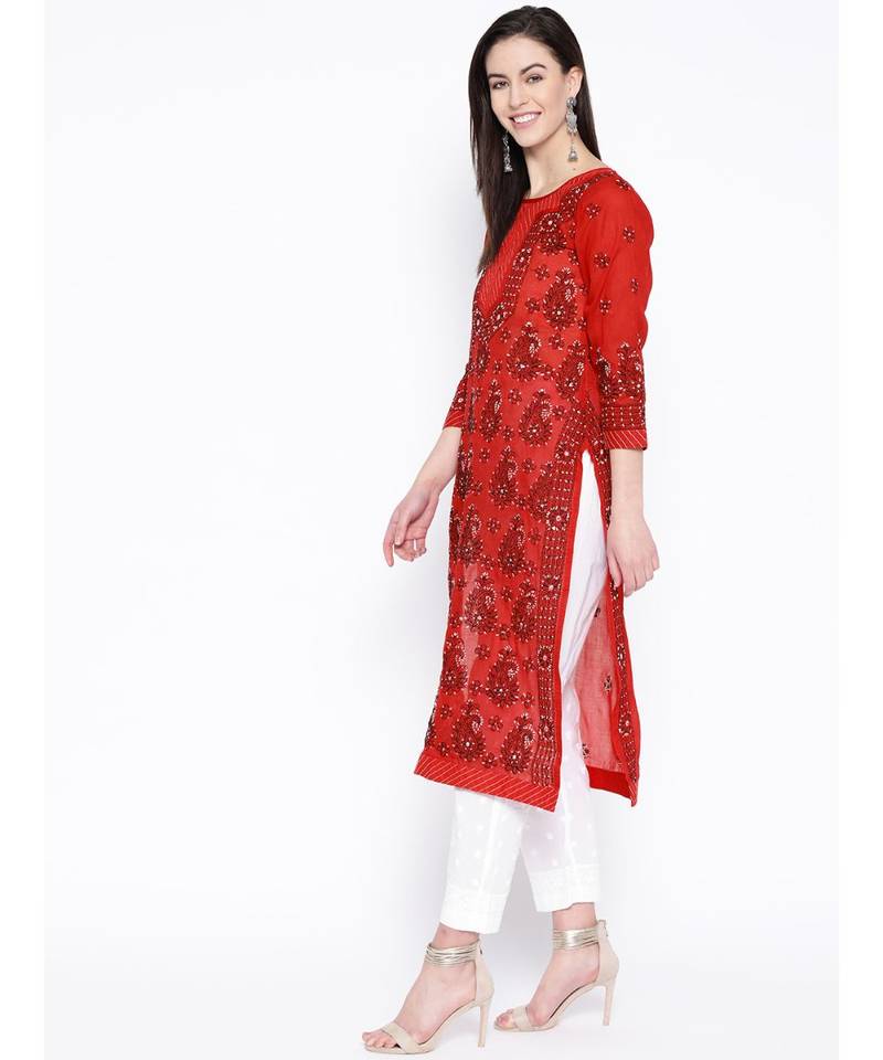 Ada Hand Embroidered Red Cotton Lucknowi Chikan Women Kurti - A327819