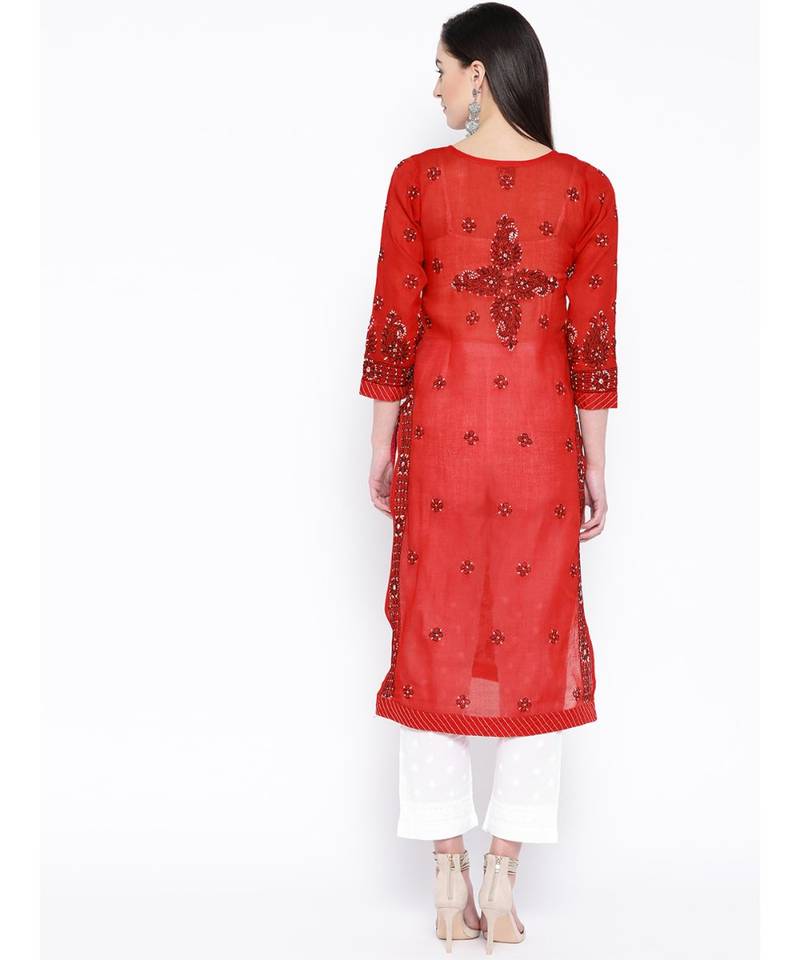Ada Hand Embroidered Red Cotton Lucknowi Chikan Women Kurti - A327819
