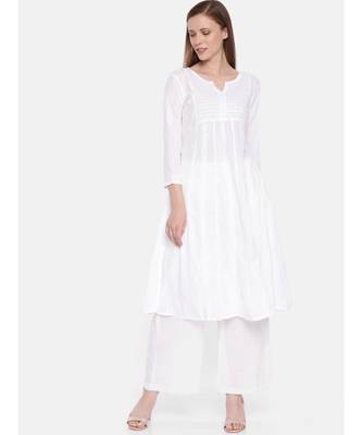 Ada Hand Embroidered White Cotton Lucknowi Chikan Women Kurta - A100142 1