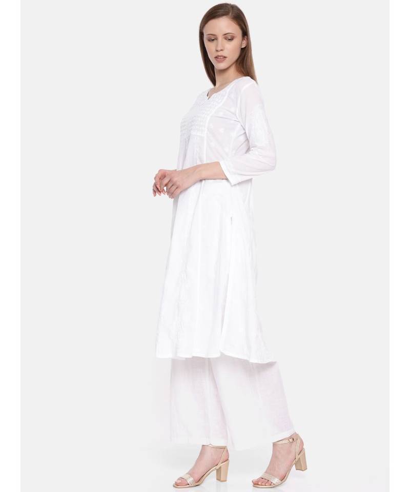 Ada Hand Embroidered White Cotton Lucknowi Chikan Women Kurta - A100142