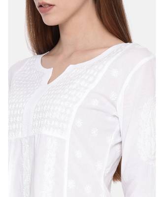 Ada Hand Embroidered White Cotton Lucknowi Chikan Women Kurta - A100142 4
