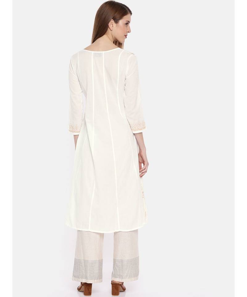 Ada Hand Embroidered White Cotton A Line Lucknow Chikankari Women Kurti - A100205