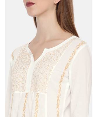 Ada Hand Embroidered White Cotton A Line Lucknow Chikankari Women Kurti - A100205 3