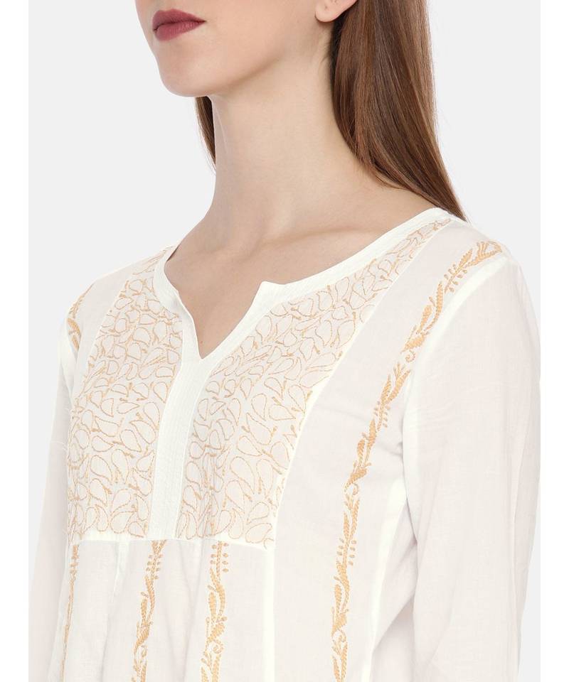 Ada Hand Embroidered White Cotton A Line Lucknow Chikankari Women Kurti - A100205