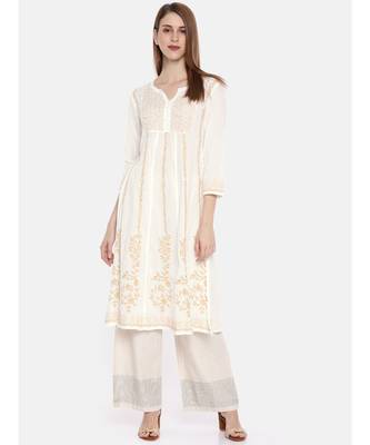 Ada Hand Embroidered White Cotton A Line Lucknow Chikankari Women Kurti - A100205 1