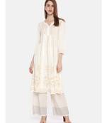 Ada Hand Embroidered White Cotton A Line Lucknow Chikankari Women Kurti - A100205