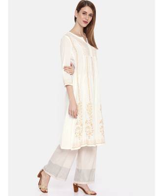 Ada Hand Embroidered White Cotton A Line Lucknow Chikankari Women Kurti - A100205 4