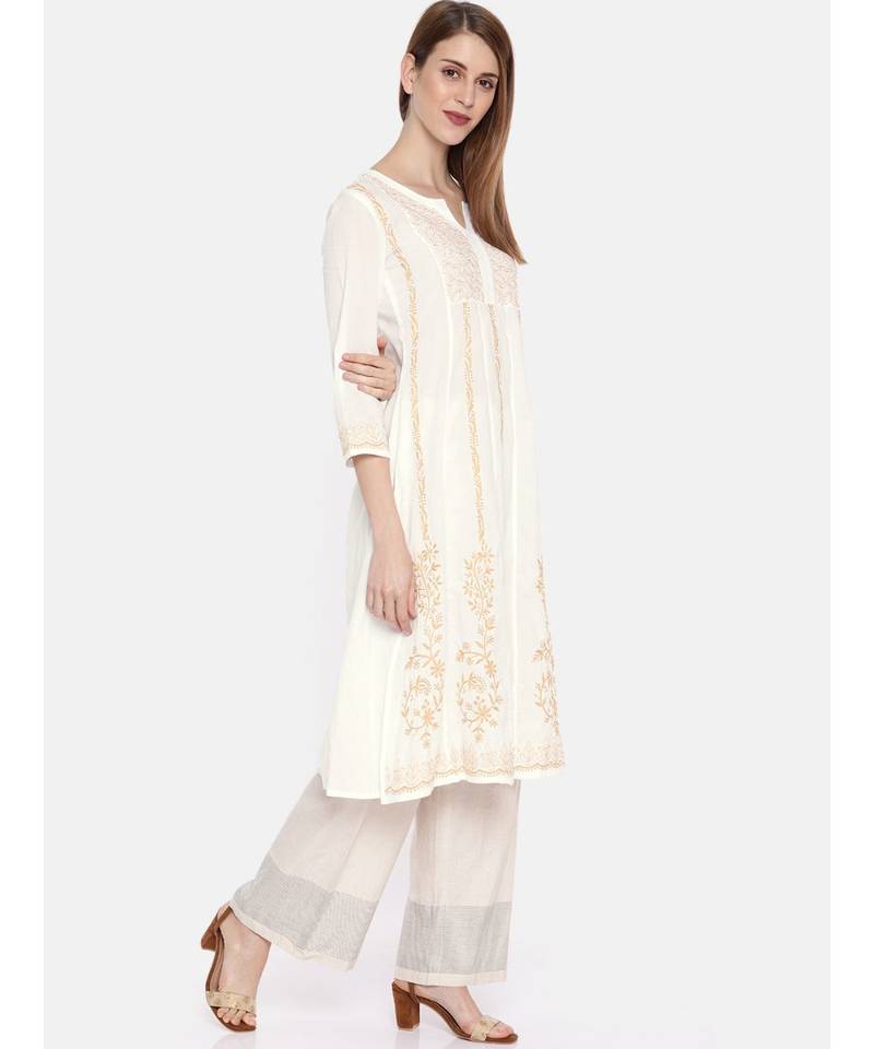 Ada Hand Embroidered White Cotton A Line Lucknow Chikankari Women Kurti - A100205