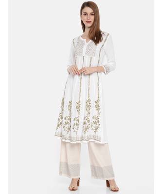 Hand Embroidered White Cotton A Line Lucknow Chikankari Women Kurta 1