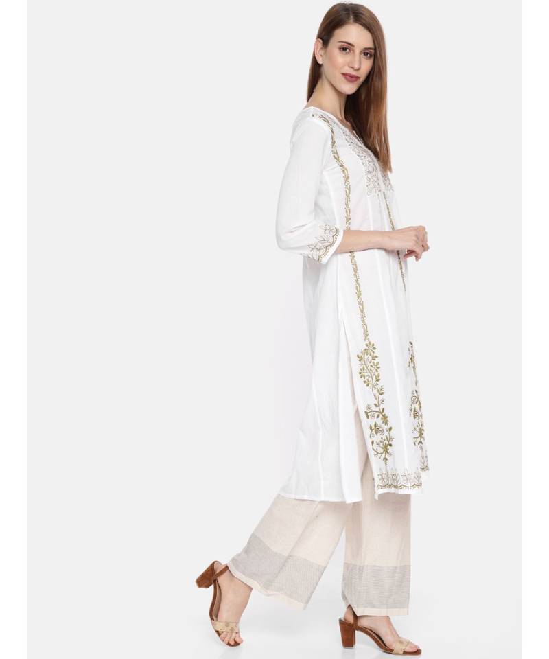 Hand Embroidered White Cotton A Line Lucknow Chikankari Women Kurta