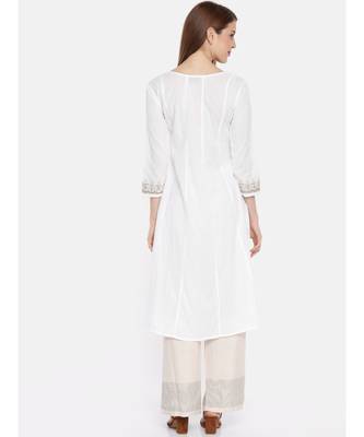 Hand Embroidered White Cotton A Line Lucknow Chikankari Women Kurta 3