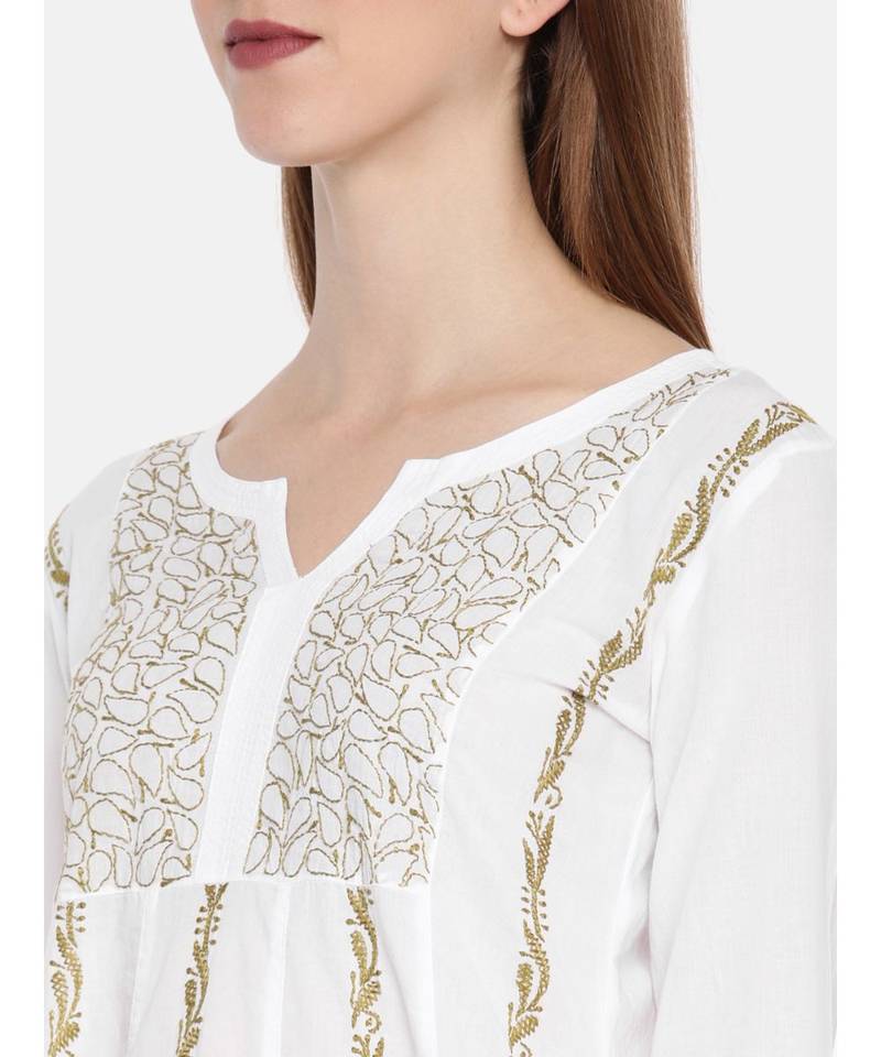 Hand Embroidered White Cotton A Line Lucknow Chikankari Women Kurta