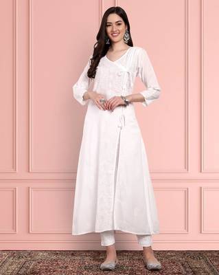 Hand Embroidered White Cotton Lucknow Chikankari Indian Women Angarkha Kurta 1