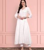 Hand Embroidered White Cotton Lucknow Chikankari Indian Women Angarkha Kurta