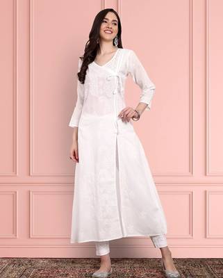 Hand Embroidered White Cotton Lucknow Chikankari Indian Women Angarkha Kurta 2