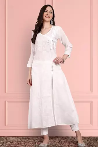 Hand Embroidered White Cotton Lucknow Chikankari Indian Women Angarkha Kurta