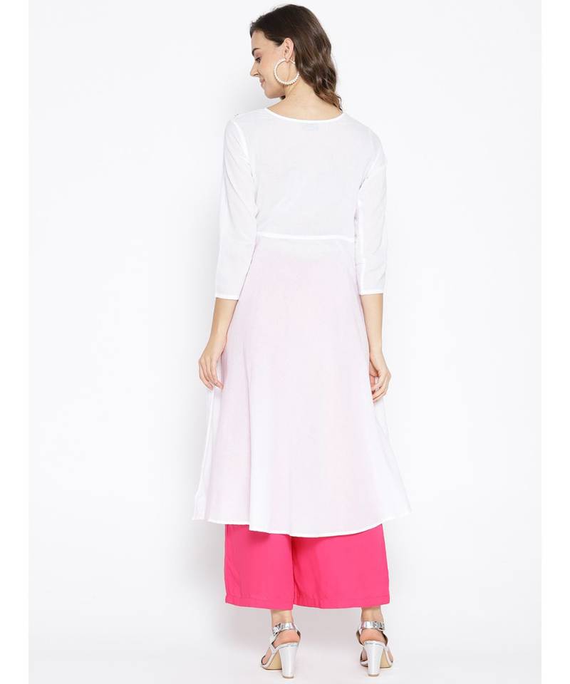 Ada Hand Embroidered White Cotton Lucknow Chikankari Women Kurta With Muqaish Work - A100052