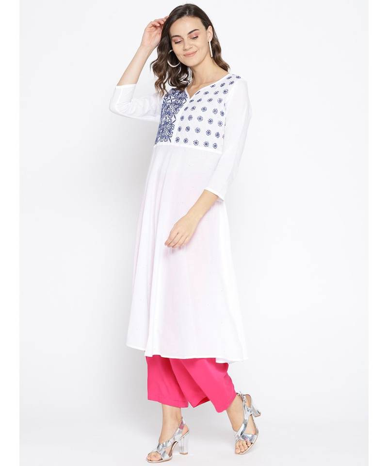 Ada Hand Embroidered White Cotton Lucknow Chikankari Women Kurta With Muqaish Work - A100052