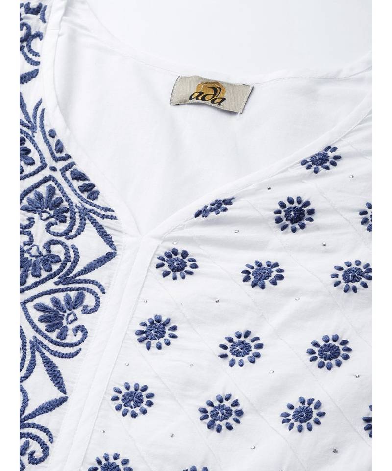 Ada Hand Embroidered White Cotton Lucknow Chikankari Women Kurta With Muqaish Work - A100052