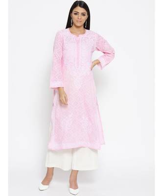 Ada Hand Embroidered Pink Cotton Lucknow Chikankari Women Kurti - A100108 1